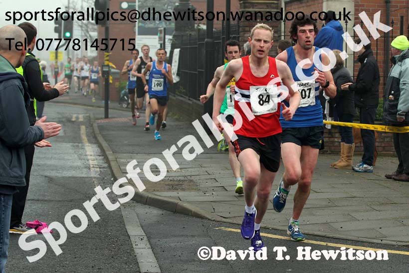 Yared Hagos (Wallsend) leads eventual winner Nick Swinburn (Morpeth) during the Wallsend Harriers Terry O'Gara 5k Memorial Road Race. Photo: David T. Hewitson/Sports for All Pics